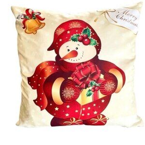 Christmas Snowman Pillow Cover 16x16 Red Gold Holly Gift Print Holiday Decor